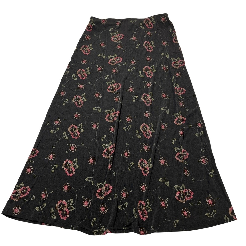 Vintage Vikki Vi Skirt Womens OS Black Floral Stretchy Knit Maxi Asymmetrical‎